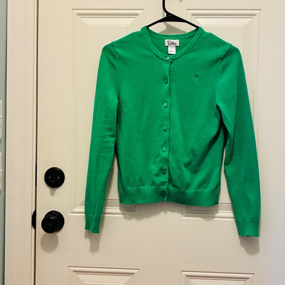 Lilly Pulitzer Cardigan Sweater Womens S Green Cotton Palm Tree Button Up Front